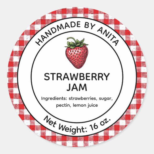Strawberry Jam Jelly Jar Label Plaid Gingham (Front)