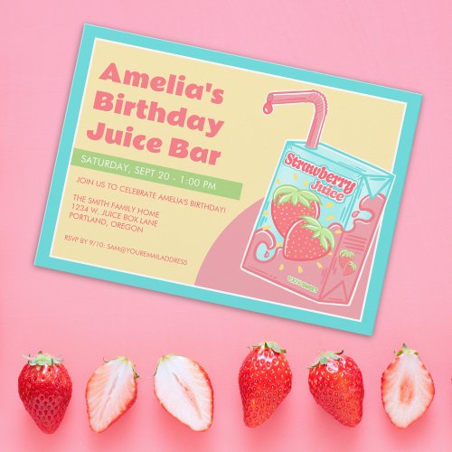 Strawberry Juice Box Birthday Party Invitation