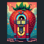 Strawberry Jukebox : Retro Surrealism Pop Art Poster<br><div class="desc">This poster transports you to a whimsical, dream-like landscape where a giant, glossy strawberry stands tall as a nostalgic jukebox. Found on a checkered floor beneath a warm, stylized sunset, this unique machine doesn't just play songs—it plays sweet, candy-coated tunes from happy memories and fantastical moments. What makes this piece...</div>