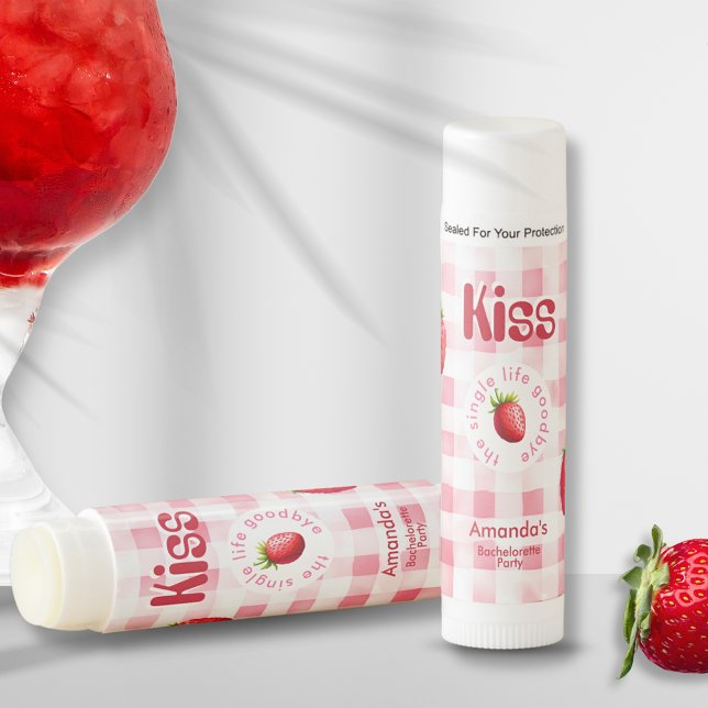 Strawberry Kiss Single Life bye Bachelorette Crew  Lip Balm (Kiss the single life goodbye bachelorette hen party favor gift lip balm strawberry fruit pink tartan)