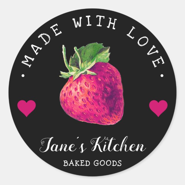 Strawberry Kitchen Home Made With Love Black Classic Round Sticker (Front)