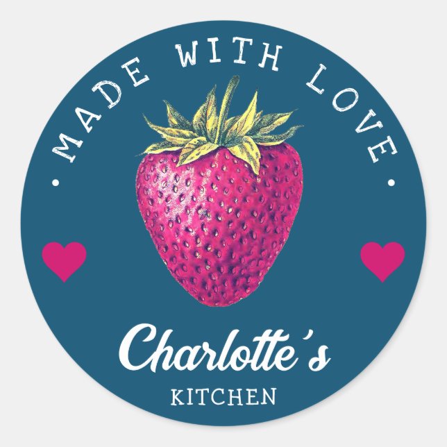 Strawberry Kitchen Home Made With Love Blue Green Classic Round Sticker (Front)