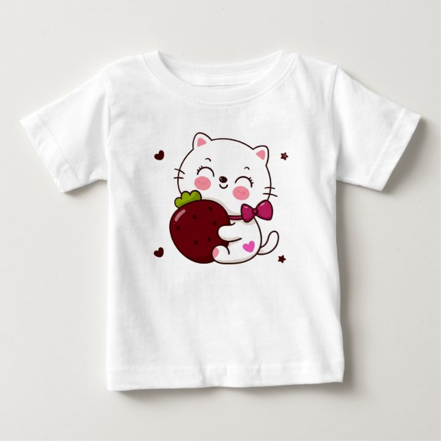 Strawberry Kitty Love Baby Fine Jersey T-Shirt 🍓 (Front)