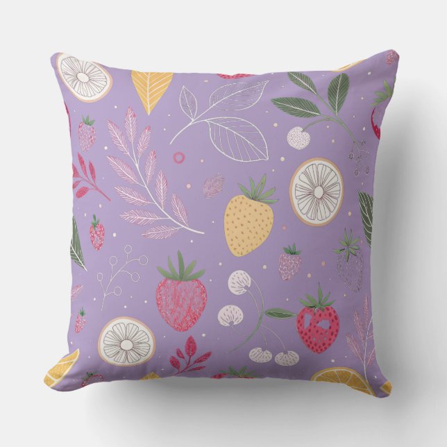 “Strawberry Lemon Botanical Pattern Throw Pillow” Pillow (Front)