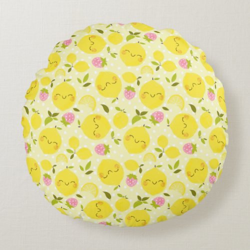 Strawberry Lemon Yellow Round Pillow