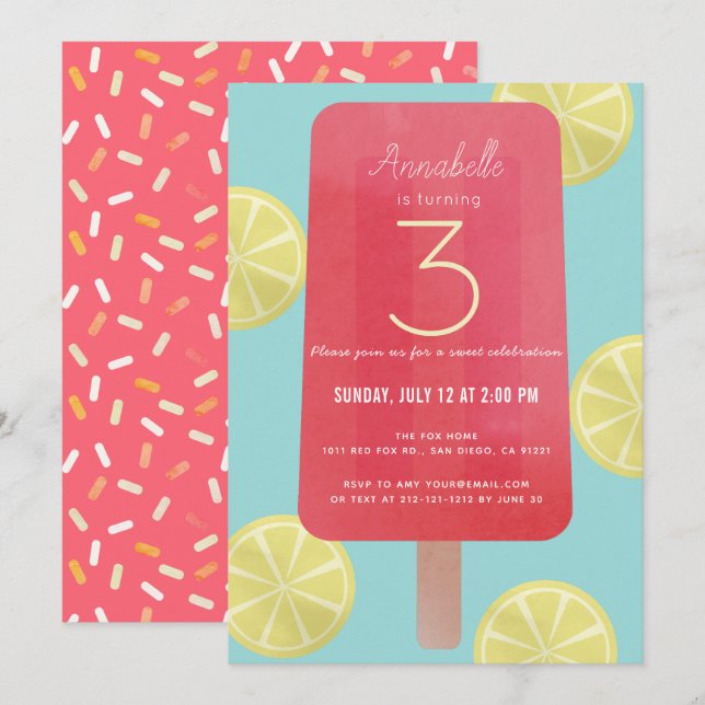 Strawberry Lemonade Popsicle Girl Birthday Invitation (Front/Back)