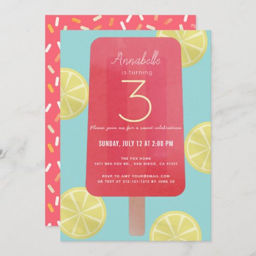 Strawberry Lemonade Popsicle Girl Birthday Invitation