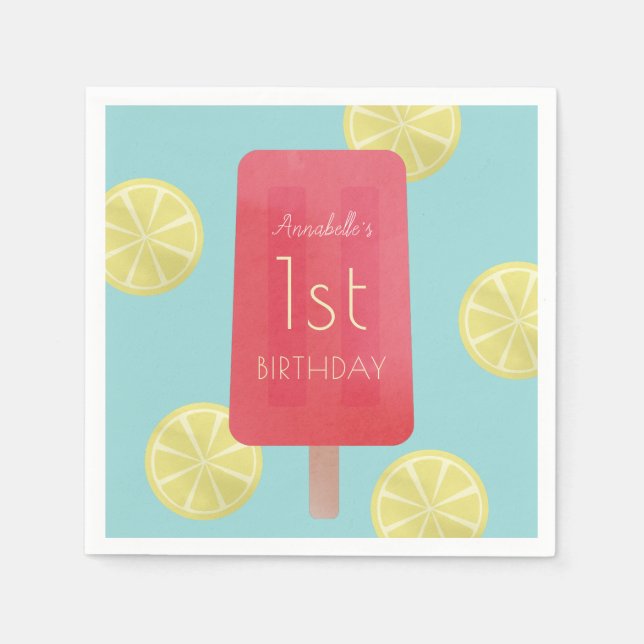 Strawberry Lemonade Popsicle Girl Birthday Paper Napkins (Front)