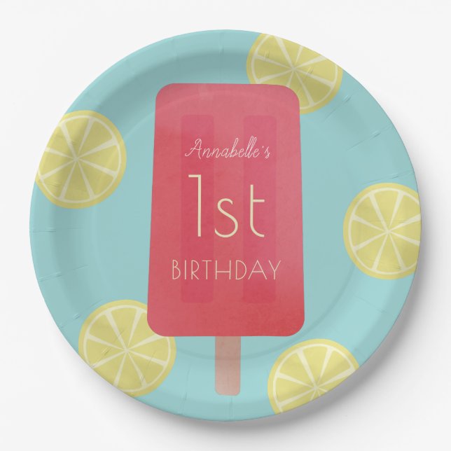 Strawberry Lemonade Popsicle Girl Birthday Paper Plates (Front)