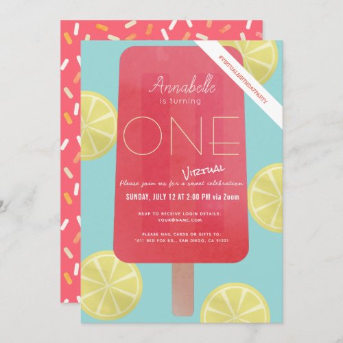 Strawberry Lemonade Popsicle Virtual 1st Birthday Invitation