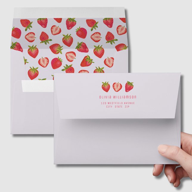 Strawberry Lined personalized Envelope (Strawberry Envelope with sender's name and address to rear)