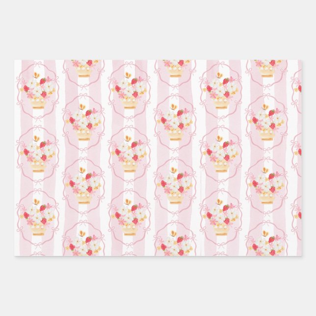 Strawberry Loally Grown Pink Whimsical Baby Shower Wrapping Paper Sheets (Front)