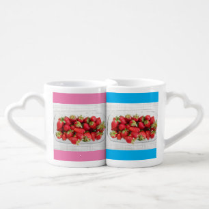 Strawberry love romantic message blue pink coffee mug set