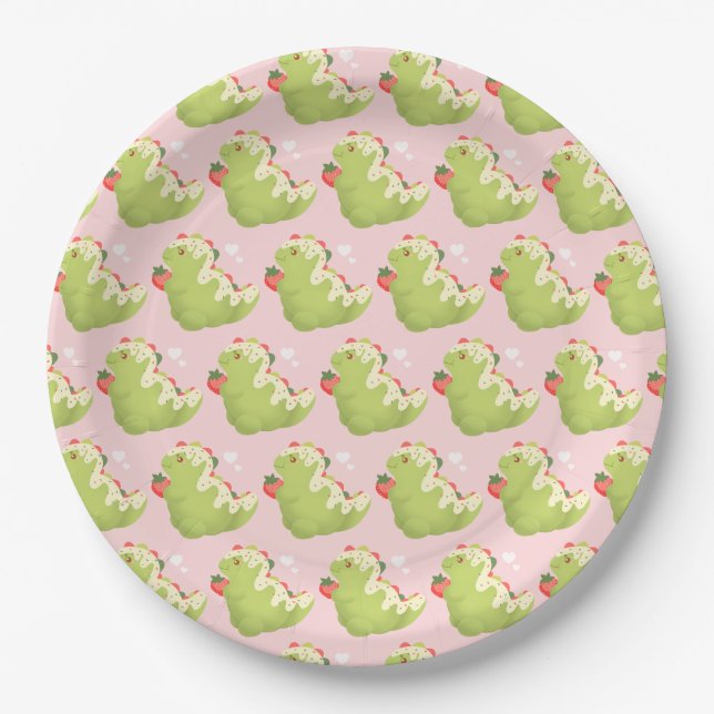 Strawberry Matcha Dinosaur  Paper Plates (Front)