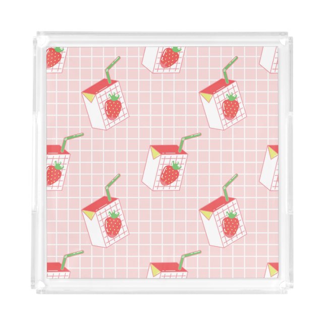 Strawberry Milk Cartoons: Playful Patterns Acrylic Tray (Front)