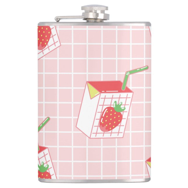 Strawberry Milk Cartoons: Playful Patterns Flask (Front)