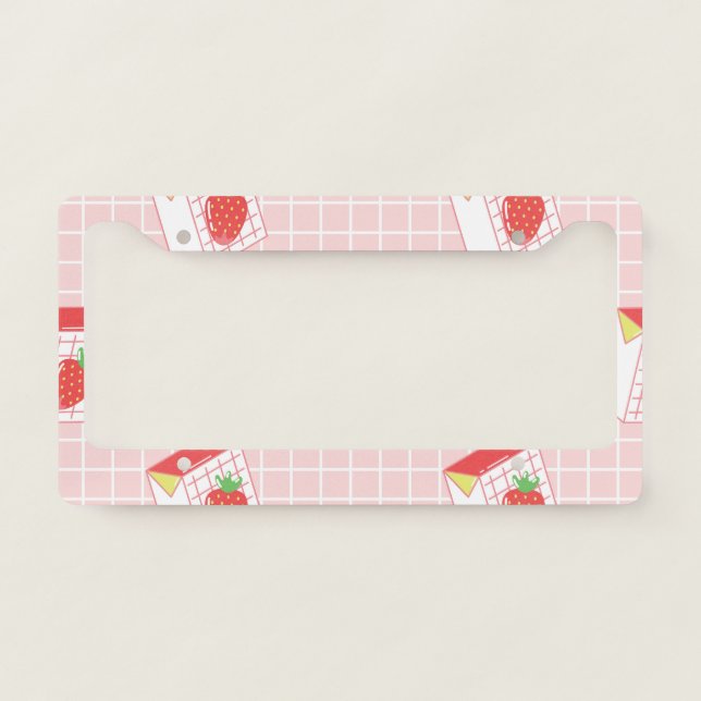 Strawberry Milk Cartoons: Playful Patterns License Plate Frame (Front)