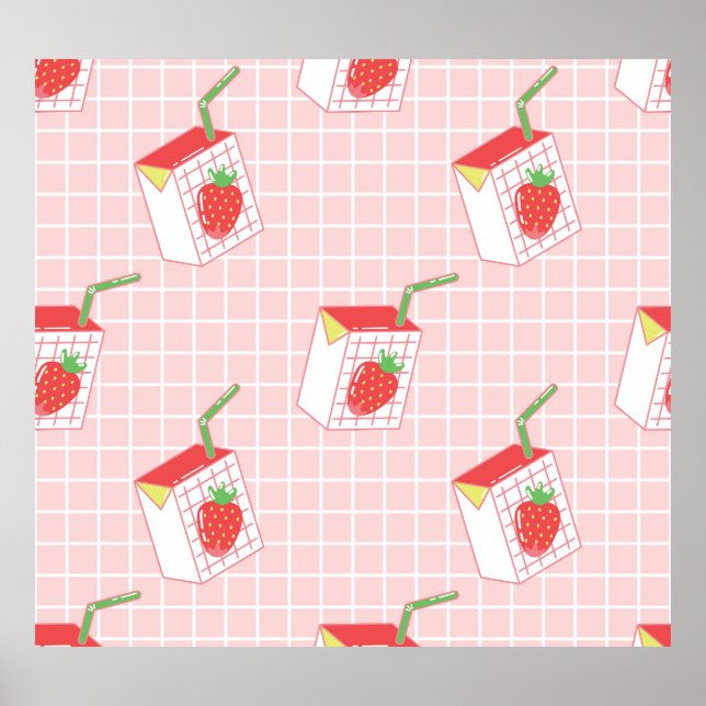 Strawberry Milk Cartoons: Playful Patterns Poster (Front)