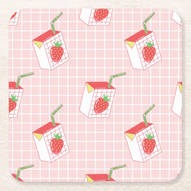 Strawberry Milk Cartoons: Playful Patterns Square Paper Coaster (Front)