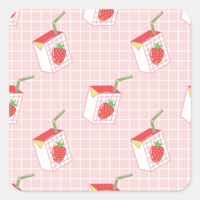 Strawberry Milk Cartoons: Playful Patterns Square Sticker (Front)