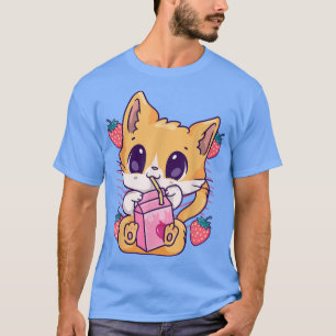 Strawberry Milk Cat Cute Kawaii Kitten Anime Neko  T-Shirt