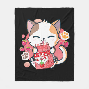 Strawberry Milk Cat Kawaii Anime Neko Gift Girls T Fleece Blanket