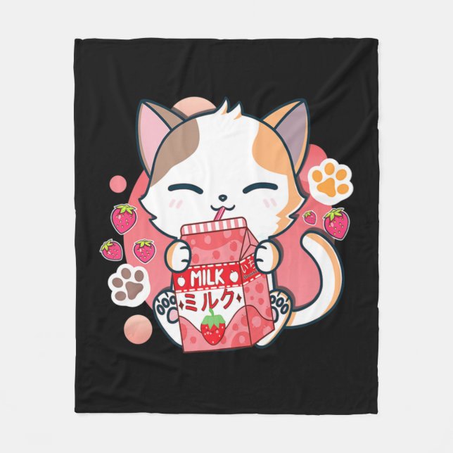 Strawberry Milk Cat Kawaii Anime Neko Gift Girls T Fleece Blanket (Front)