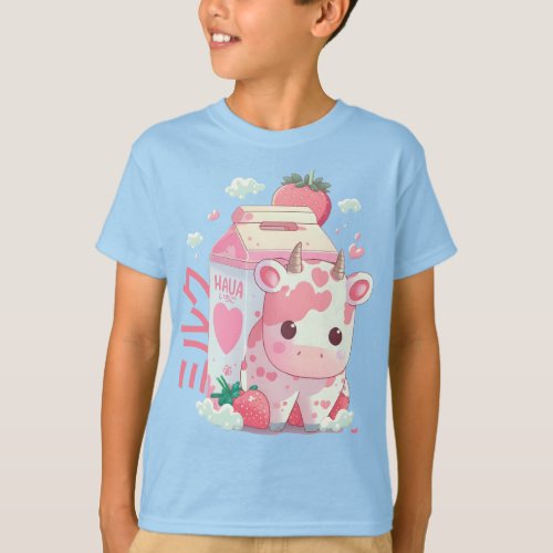 Strawberry Milk Cow Carton Cute Kawaii Japanese T_Shirt