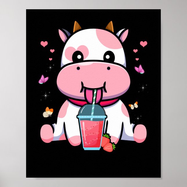 Strawberry Milk Cute Kawaii Aesthetic Pink Cow Poster (Front)
