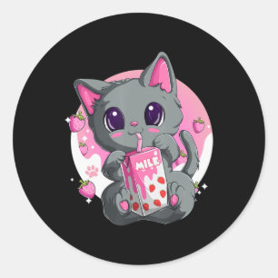 Strawberry Milk For Women Girls Kawaii Anime Cat Classic Round Sticker