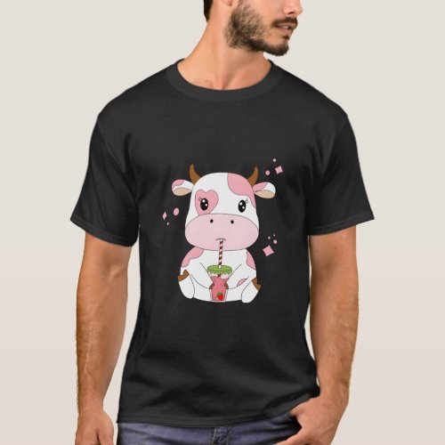 Strawberry Milk Kawaii Aesthetic K Cow Print  T_Shirt