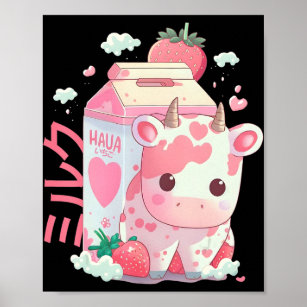 Strawberry Milk Milkshake Cow Carton Cute Kawaii J Poster