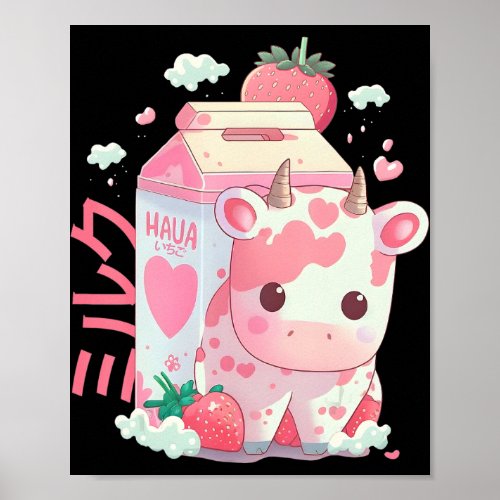 Strawberry Milk Milkshake Cow Carton Cute Kawaii J Poster