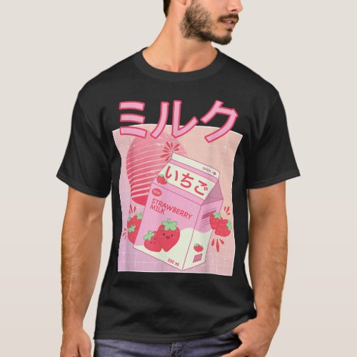 Strawberry Milk Shake Carton Funny Retro 90s Japan T_Shirt
