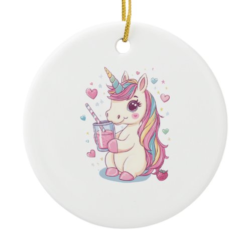 Strawberry Milk Unicorn (2) Ceramic Ornament
