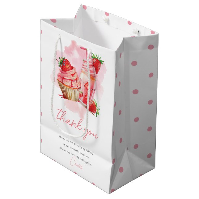 Strawberry Milkshake Birthday Personalized Photo Medium Gift Bag (Front Angled)