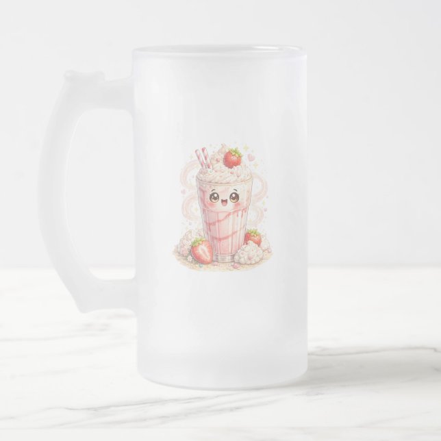Strawberry Milkshake Kawaii Frosted Glass Mug (Left)