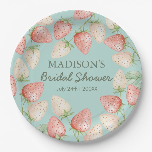 Strawberry Mint Green Garden Bridal Shower Paper Plates (Front)