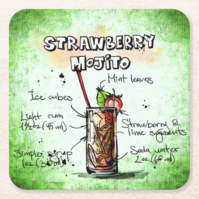 Strawberry Mojito Drink Recipe Square Paper Coaster (Front)