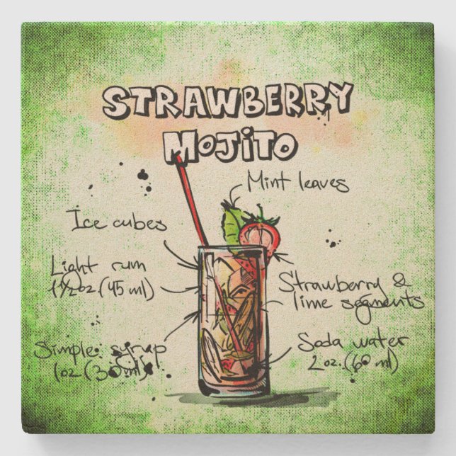 Strawberry Mojito Drink Recipe Stone Coaster (Front)