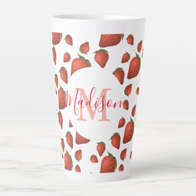 Strawberry Monogram Initial Name Latte Mug (Front)