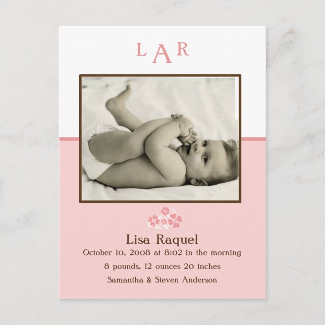 Strawberry Monogram Photo Birth Announcement Postcard (Front)