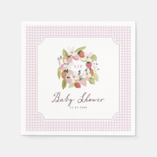 Strawberry Monogram Pink Gingham Baby Shower Napkins