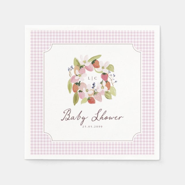 Strawberry Monogram Pink Gingham Baby Shower Napkins (Front)
