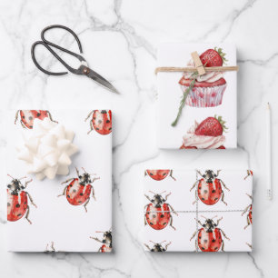 Strawberry Muffin Cake Ladybugs Birthday Wrapping Paper Sheets