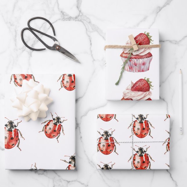 Strawberry Muffin Cake Ladybugs Birthday Wrapping Paper Sheets (Front)