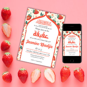 Strawberry Muslim Baby Girl Aqiqah Islamic Invitation