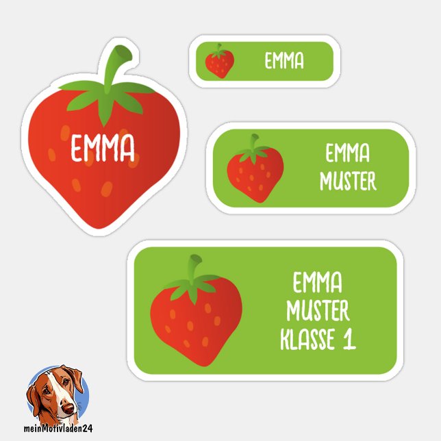 Strawberry Name Labels – Set of 24 waterproof (24 verschiedene Namensaufkleber - Motiv: Erdbeere )