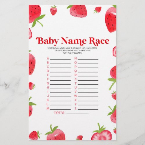 Strawberry Name Race Baby Shower Game Activity Stationery
