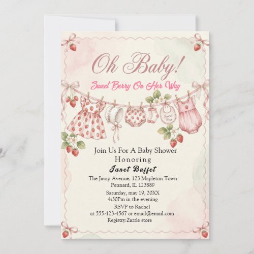 Strawberry Oh Baby Sweet Pea clothline baby shower Invitation